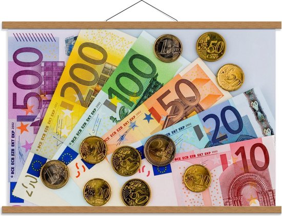 Schoolplaat – Euromunten en -biljetten - 90x60cm Foto op Textielposter (Wanddecoratie op Schoolplaat)