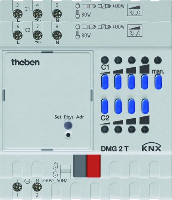 Theben 4930270 DMG 2 T KNX 2-weg universele dimactor basismodule van de MIX2-serie, 2 kanalen, dimbereik 0-100 %, ideaal voor LED's tot 400 W, DIN-rail, 4 TE