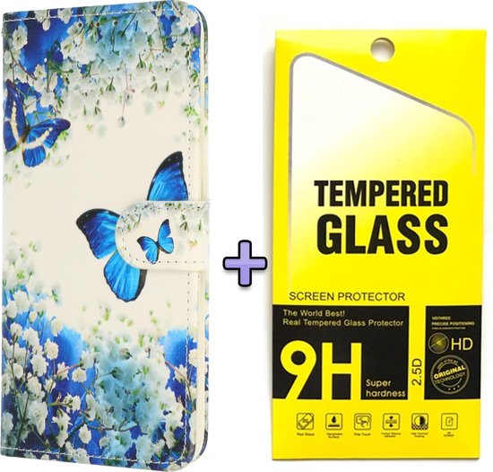 HB Hoesje Geschikt voor Samsung Galaxy S21 FE met Print - Portemonnee Book Case - Kaarthouder & Magneetlipje - Blauwe Vlinder & Glazen Screenprotector