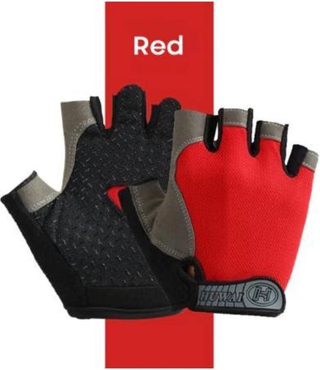Sporthandschoen – multifunctioneel – vingerloze handschoenen met grip voor (race)fietsen en spinnen, fitness, gym, hockey - Rood/zwart - Maat L