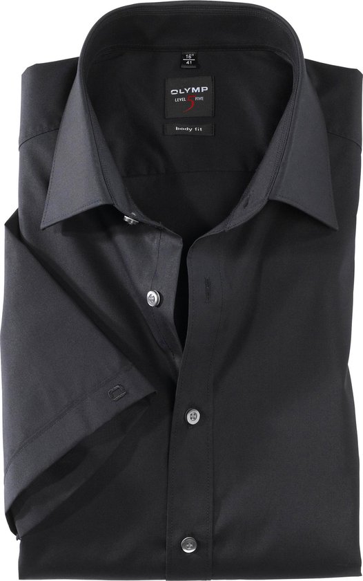 OLYMP Level 5 body fit overhemd - korte mouwen - zwart - Strijkvriendelijk - Boordmaat: 41