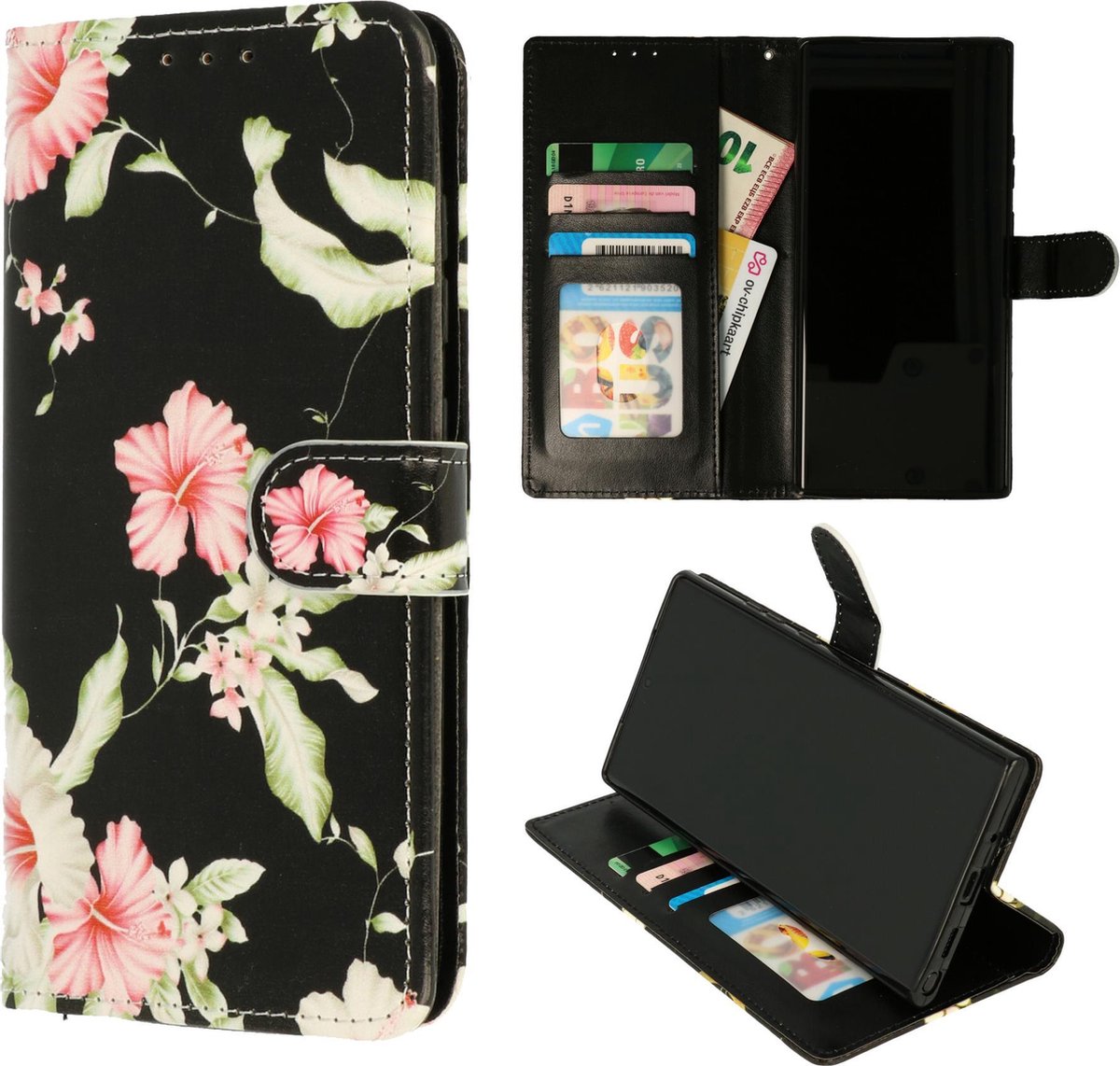 HB Hoesje Geschikt voor Samsung Galaxy S21 Plus met Print - Portemonnee Book Case - Kaarthouder & Magneetlipje - Hibiscus