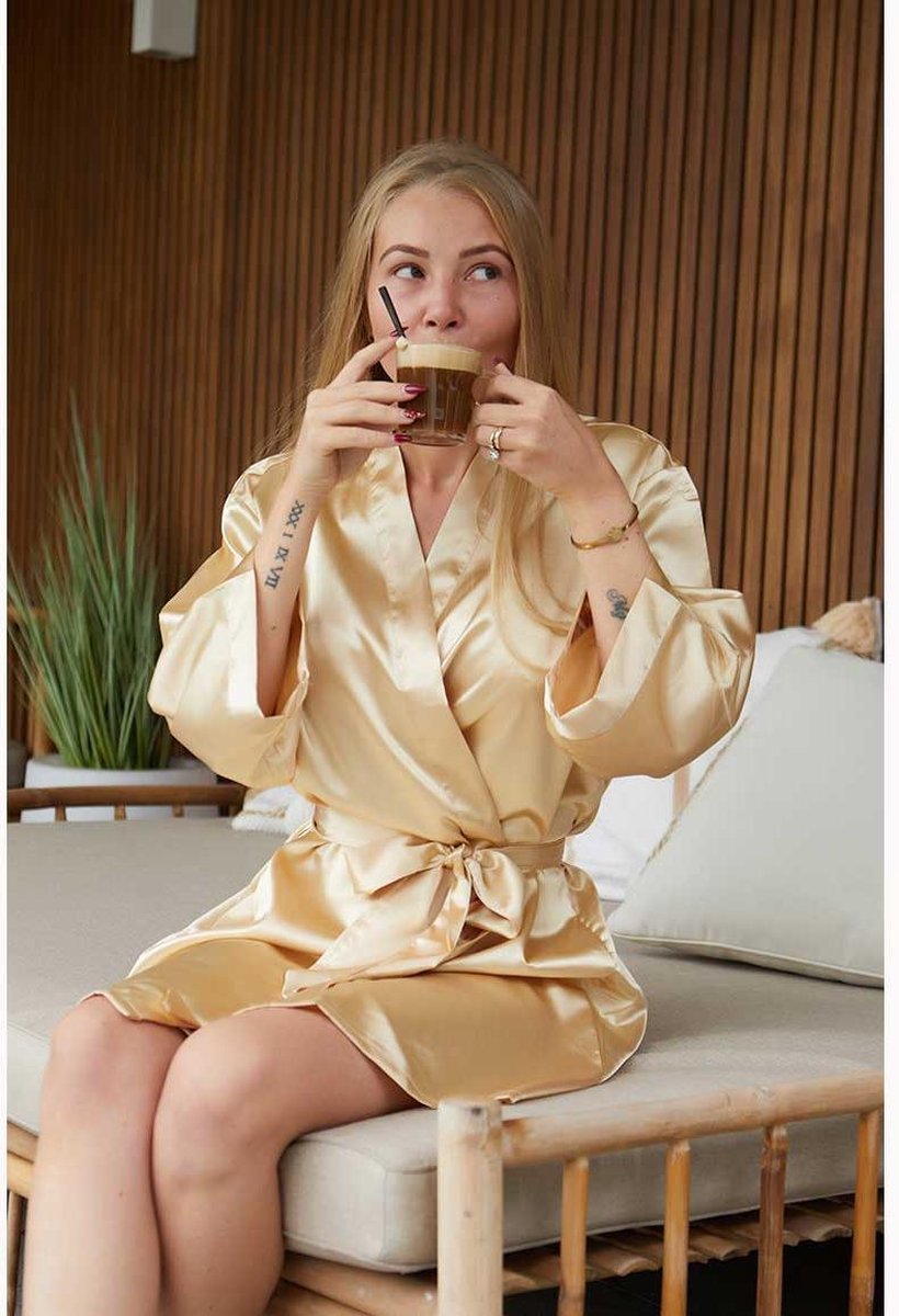 Badjas kimono satijn dames -100% polyester satijn Champagne kleurige kamerjas - One size (36-42)