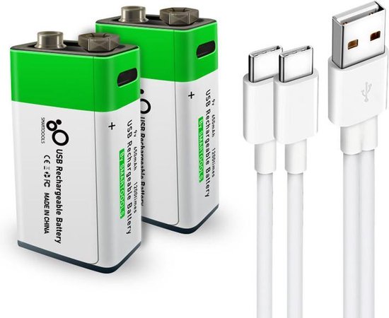 Oplaadbare lithium 9V batterij 650mAh - Met usb c oplader / oplaadkabel -  <1200 oplaadbaar | bol.com