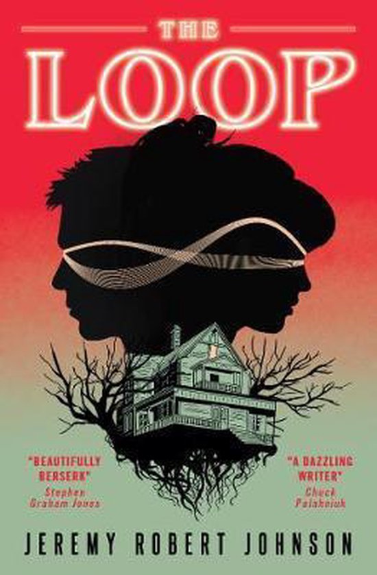 Boekomslag van "The Loop" door Jeremy Robert Johnson. Twee profielen overlappen elkaar boven een huis met wortels.
