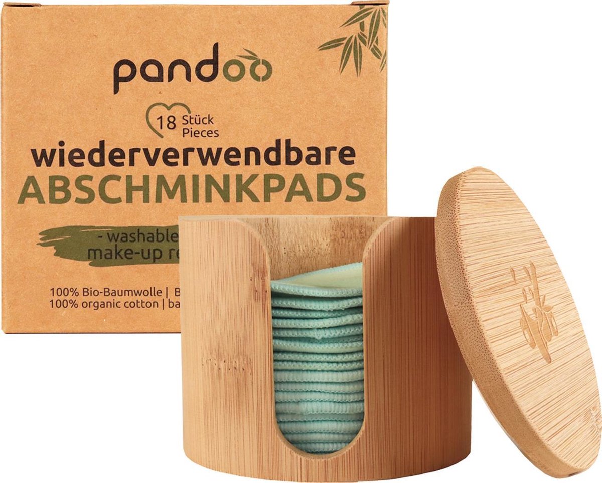 Pandoo - Bamboe Houder + 18 Wasbare Reinigingspads - Organisch Katoen - Herbruikbare Schoonmaakpads - Zacht Gezichtsverzorging - Recyclebare Verpakking - Pandoo
