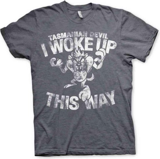 Grijze T-shirt met opdruk "Tasmanian Devil I Woke Up This Way".