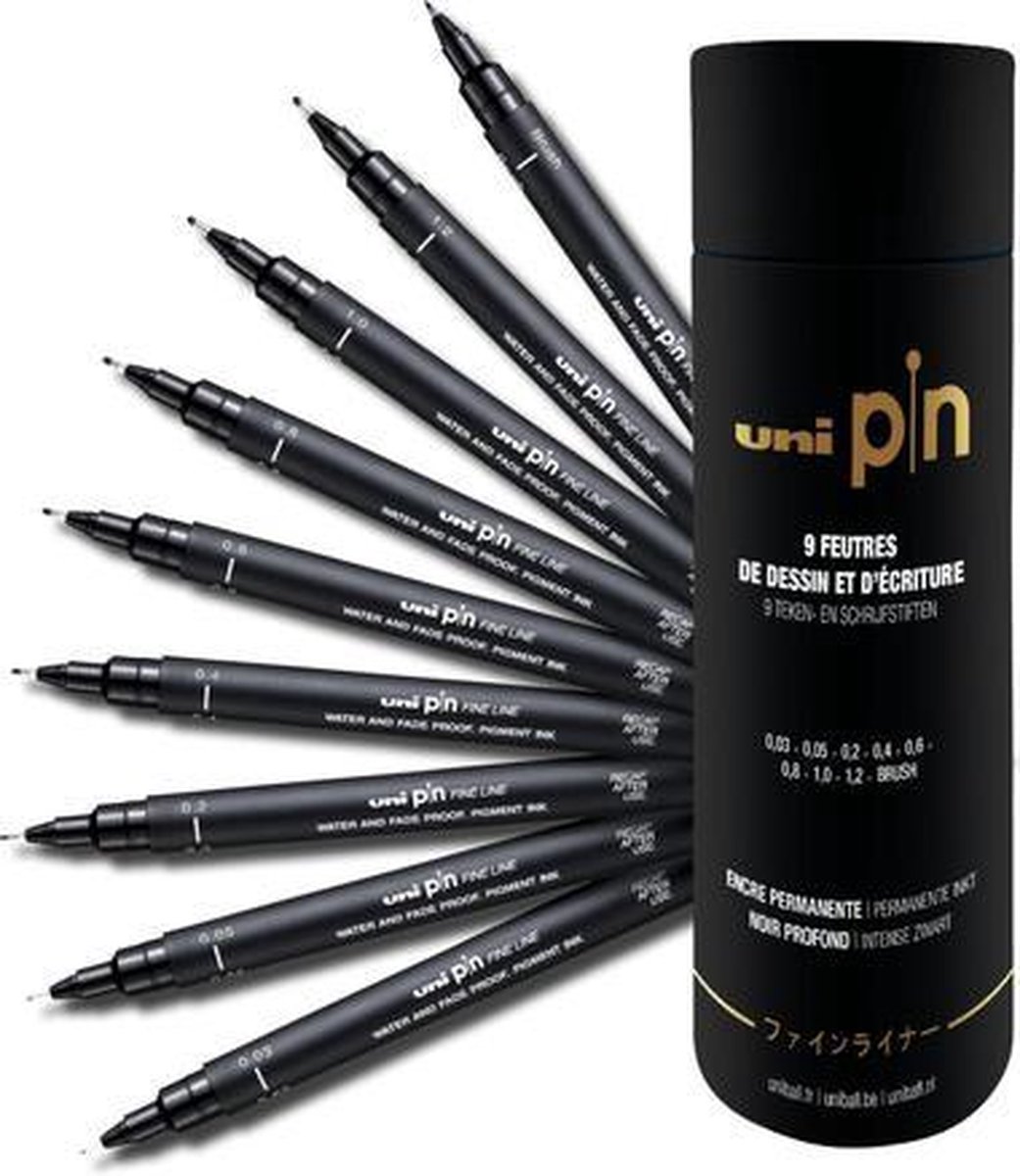 Uni Pin Fineliner cadeauset - 8 stuks assorti met gratis Brush in mooie koker