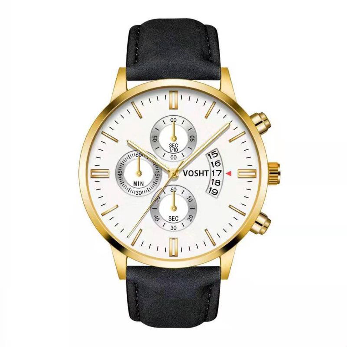 Vosht Gold White - Zwart Kunstleer - Heren Horloge