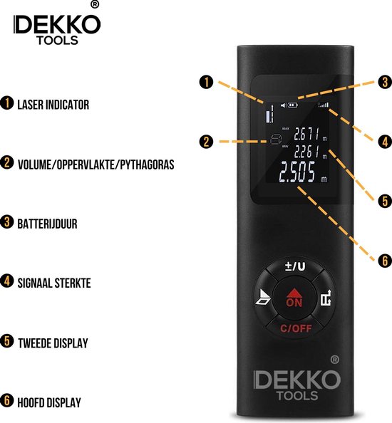 Gedetailleerde weergave van de zwarte Dekko Tools laser afstandsmeter met uitleg van functies.