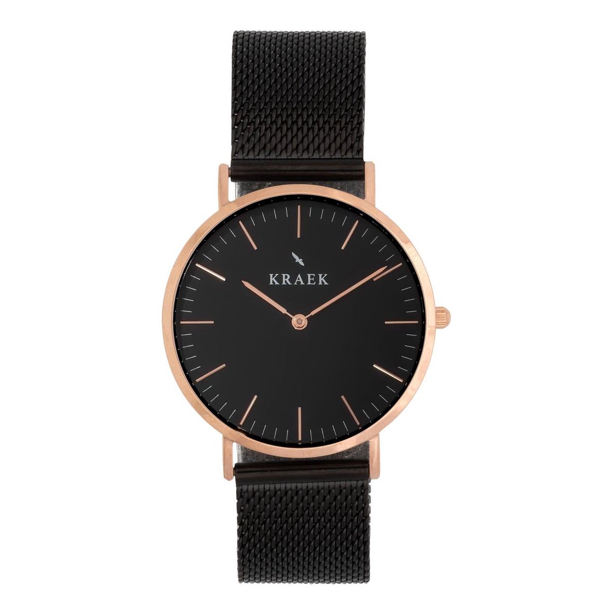 KRAEK Evelyn Rosé Goud Zwarte Wijzerplaat 36 mm | Dames Horloge | Zwart Mesh horlogebandje | Svelte | Minimaal Design