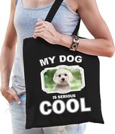 Maltezer honden tasje zwart volwassenen en kinderen - my dog serious is cool kado boodschappentasje