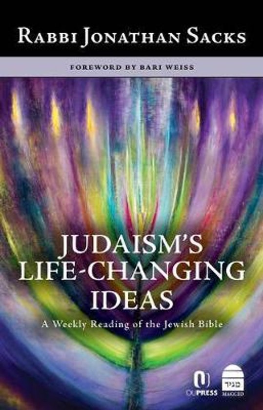Boekomslag van 'Judaism's Life-Changing Ideas' van Rabbi Jonathan Sacks, met een abstracte afbeelding van een menora in paarse, gele en groene tinten.