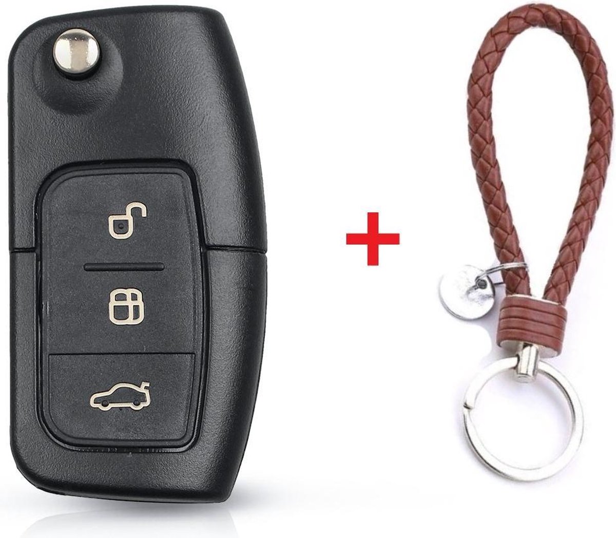 Autosleutel 3 knoppen HU101R10 geschikt voor Ford sleutel / Ford Fiesta / Ford Focus / C-Max / MK4 Galaxy / Kuga / S-Max / Mondeo / Ford sleutel + gevlochten bruin PU-lederen sleutelhanger. - Merkloos