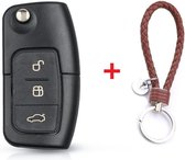 Autosleutel 3 knoppen HU101R10 geschikt voor Ford sleutel / Ford Fiesta / Ford Focus / C-Max / MK4 Galaxy / Kuga / S-Max / Mondeo / Ford sleutel + gevlochten bruin PU-lederen sleutelhanger.