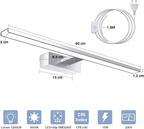 levend absorptie schors Solmore Led-spiegellamp, 60 cm, 15 W, IP44, waterdichte badkamerlamp  voor... | bol.com