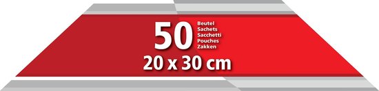 Emballage avec bande rouge et grise et texte : 50 sachets 20 x 30 cm.