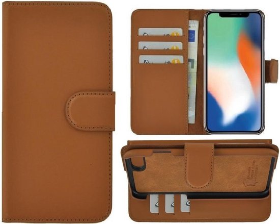 Geschikt voor iPhone X hoesje – iPhone Xs hoesje - Bookcase - Portemonnee Hoesje Echt leer Wallet case Bruin