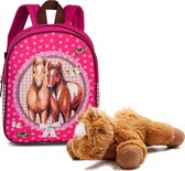 Rugtas Paarden-Peuter rugzak Roze 29cm hoog , incl. pluche Paardenknuffel bruin 18 cm lang