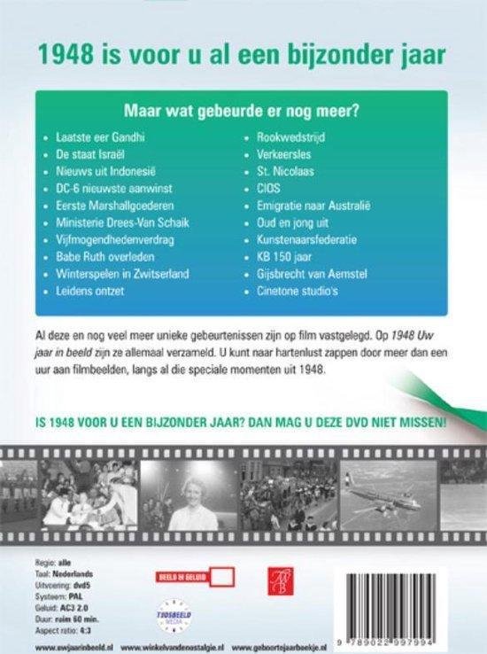 Achterkant van DVD "1948 is voor u al een bijzonder jaar". Met een lijst met gebeurtenissen en filmbeelden.