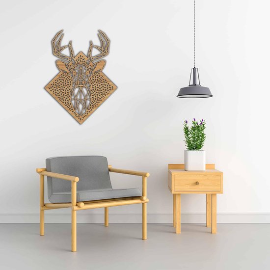 Line Art - Reindeer Deer 8 avec fond - S - 58x45cm - Chêne - décoration murale géométrique