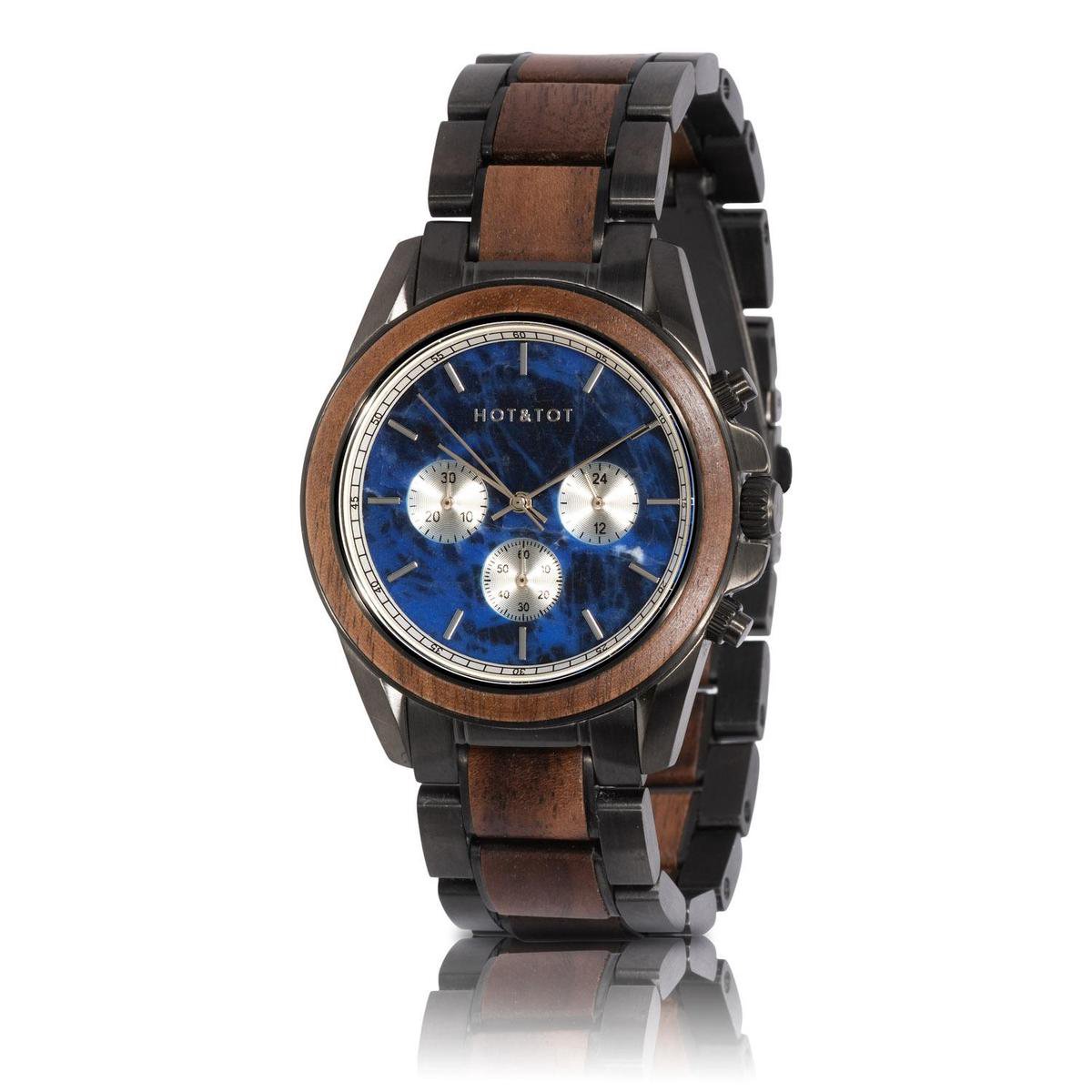 HOTTOT | Royal Juglans - Houten horloge heren - Chronograaf - Saffierglas - RVS - Walnoot - Sodalite steen - 42mm