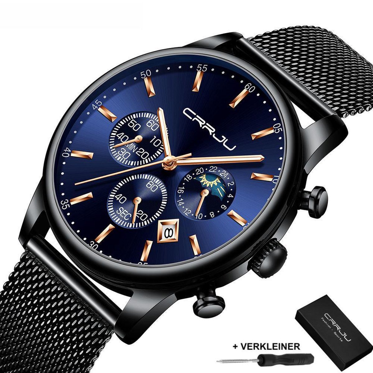 CRRJU - Horloge Heren - Cadeau voor Man - 42 mm - Zwart Blauw