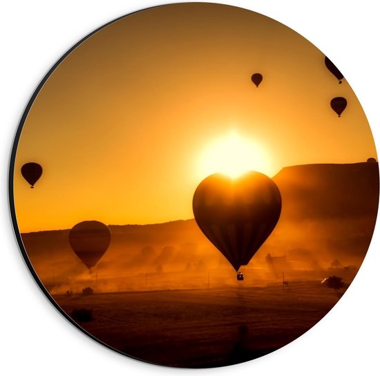 Dibond Wandcirkel - Luchtballonnen tijdens Zonsondergang - 20x20cm Foto op Aluminium Wandcirkel (met ophangsysteem)