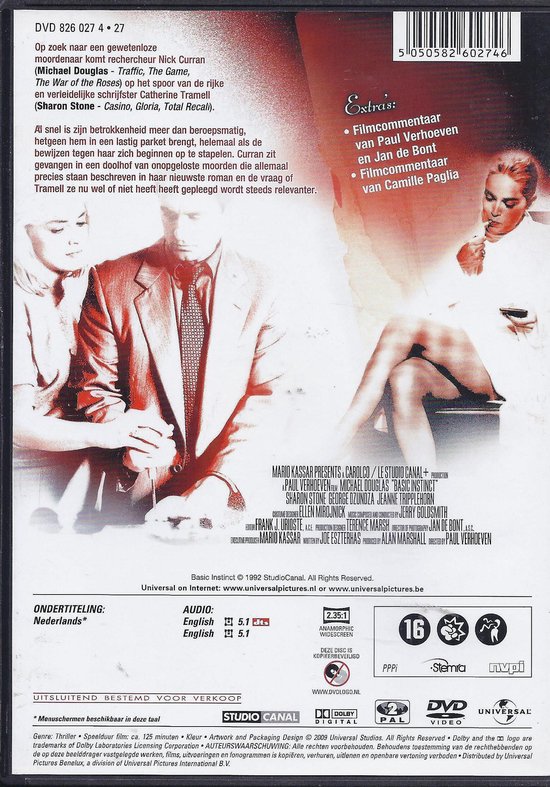 De dvd-hoes toont een scène met een man en vrouw die elkaar omhelzen. De titel "Basic Instinct" staat centraal.