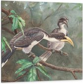 Dibond - Getekende Vogels op Takken - 100x100cm Foto op Aluminium (Wanddecoratie van metaal)