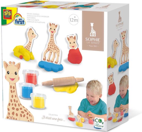SES - Sophie la Girafe - Klei dieren - 3 kleuren klei - 6 figuren van foam - inclusief houten deegroller - makkelijk uitwasbaar