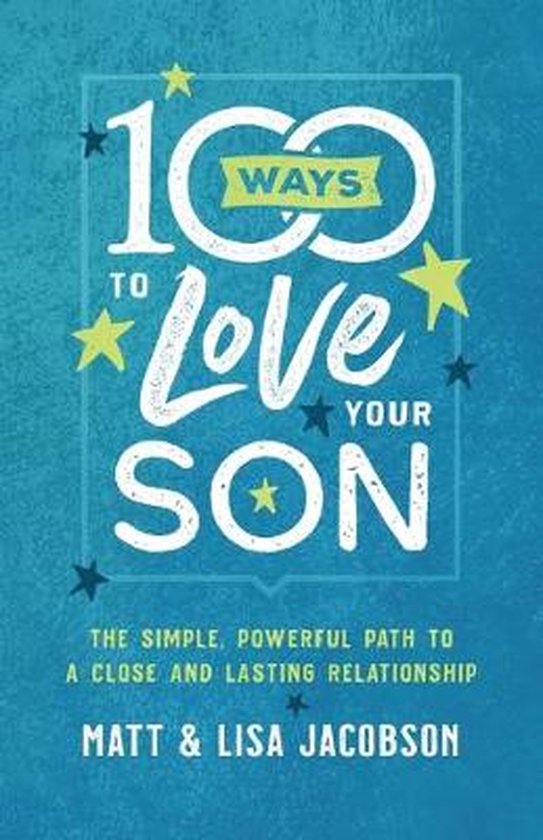 Boek "100 Ways to Love Your Son" met blauwe achtergrond, titel in witte en gele letters, sterren.