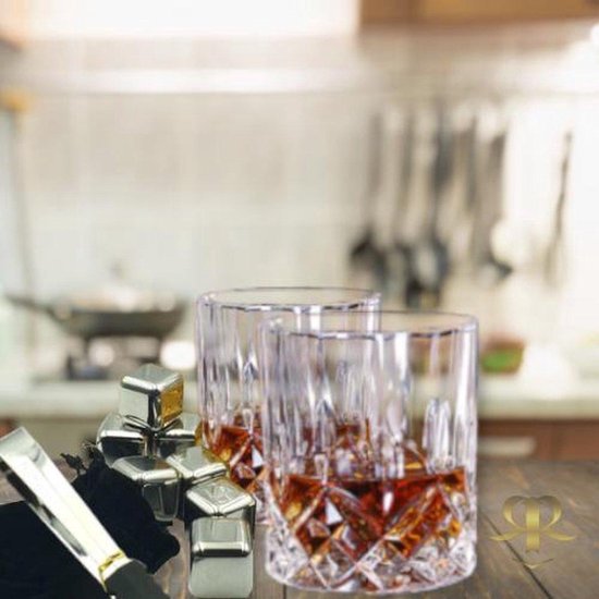 Relaxreus | Luxe whiskey set | 2 Glazen | 8 Whiskey stones | Tang | Fluweel zakje | Whiskey cadeau set | Met stijlvolle houten opbergdoos! | Whisky stenen | Premium wisky set - Relaxreus