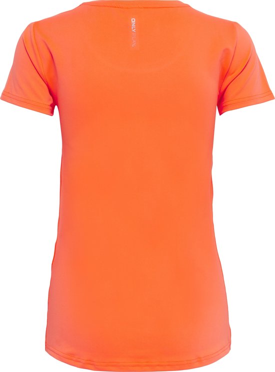 Oranje sportshirt met korte mouwen, zichtbaar van achteren. Logo met tekst op de nek.