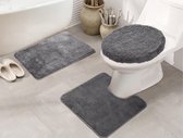Lucy's Living Luxe 3 SET badmat + wc mat + toiletmat Grijs – 50 x 80 cm - 50 x 50 cm - 50 x 52 cm - douchemat - badmatten - badmat antislip - badkamer - badmat zwart - badtextiel - polyester 