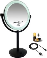 Miroir LED de Maquillage en métal Noir mat grossissement 10x 19cm de diamètre, avec 4x piles AA et câble d'alimentation USB