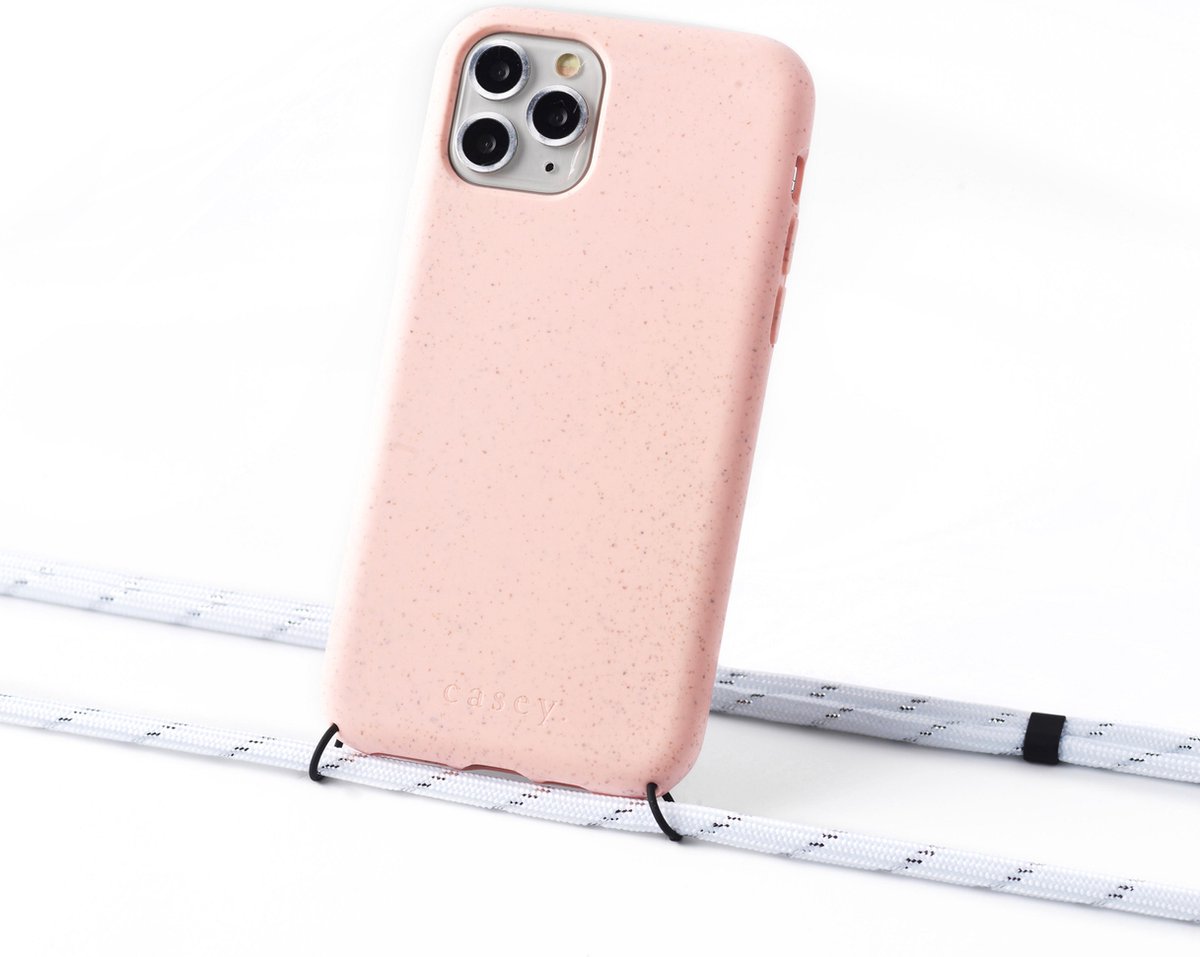 Duurzaam hoesje roze Apple iPhone 12 mini met koord white with silver stripes