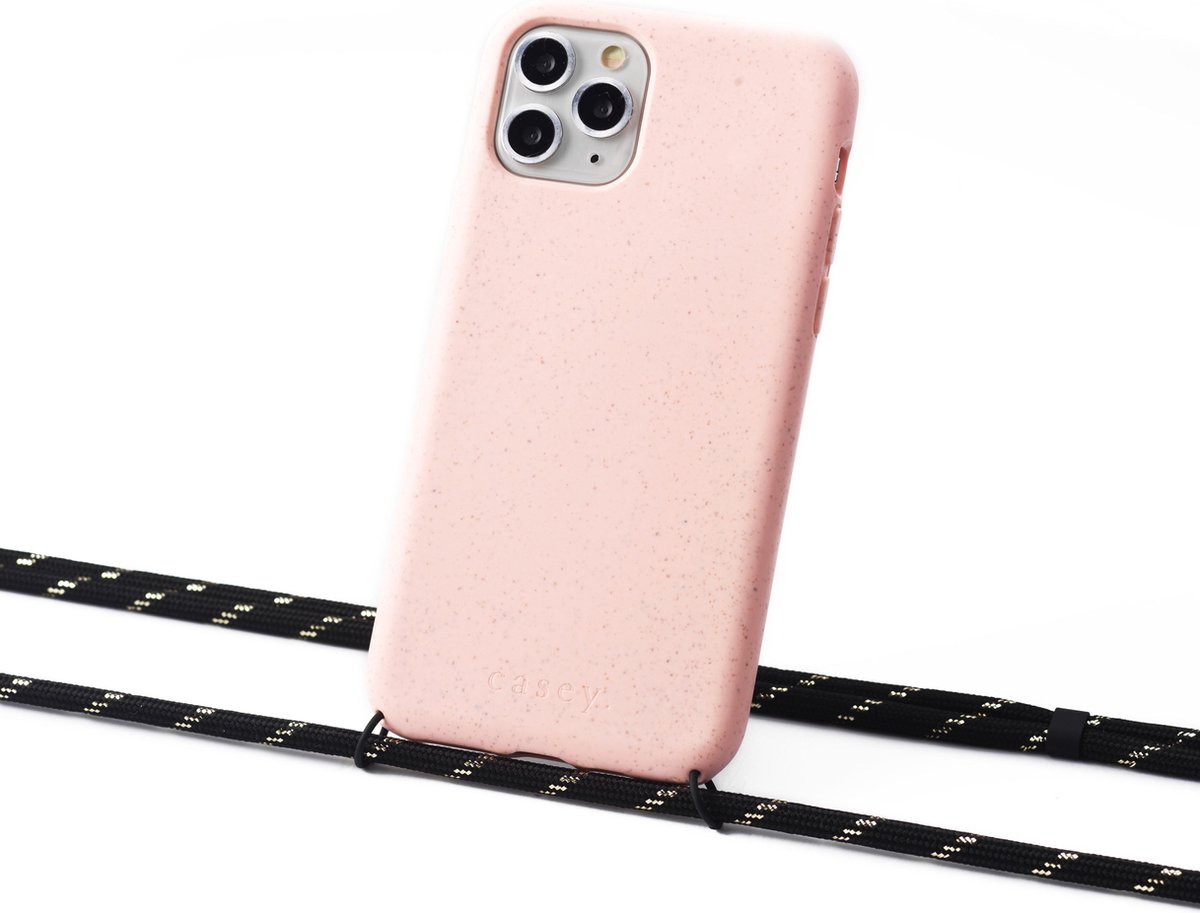 Duurzaam hoesje roze iPhone 12, iPhone 12 Pro met koord black with golden stripes