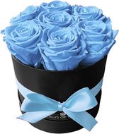 Fleurs de ville - Flowerbox met longlife rozen - Lang houdbare, echte rozen in doos - Gevriesdroogde rozen - 7 rozen - Ronde doos zwart - Light Blue