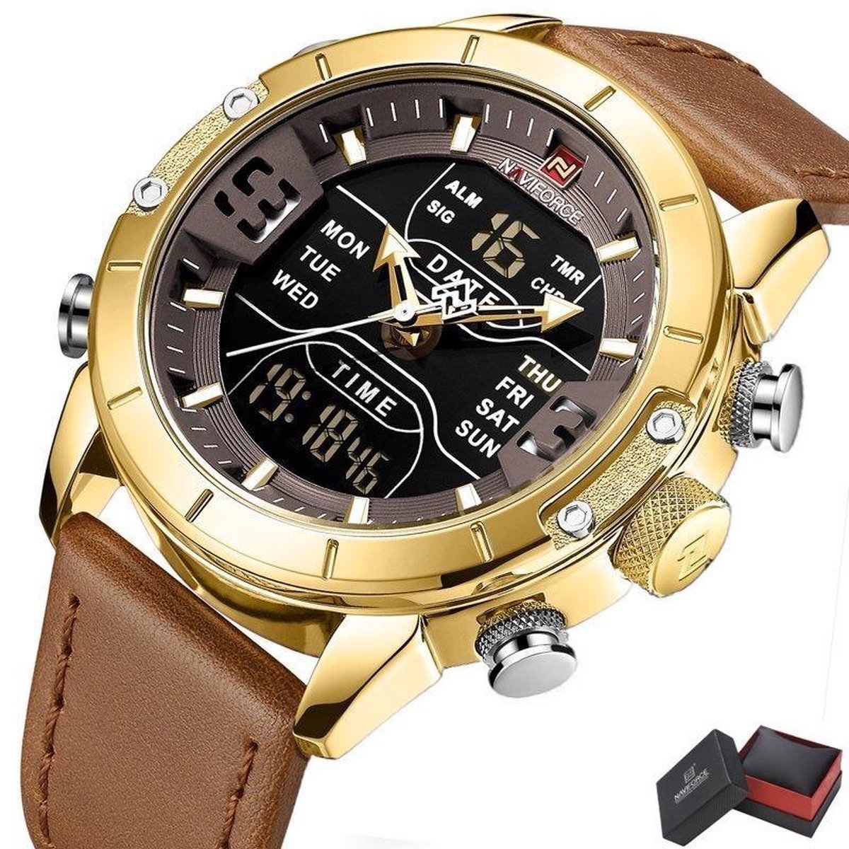 Naviforce® Horloges voor Mannen Herenhorloge Jongens Heren Watch Horloge - Valentijn Cadeautje voor Hem - Horlogebox Geschenkdoos - Bruin Goud