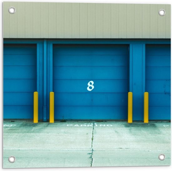 Tuinposter – Garage Deuren Blauw met Cijfers - 50x50cm Foto op Tuinposter  (wanddecoratie voor buiten en binnen)