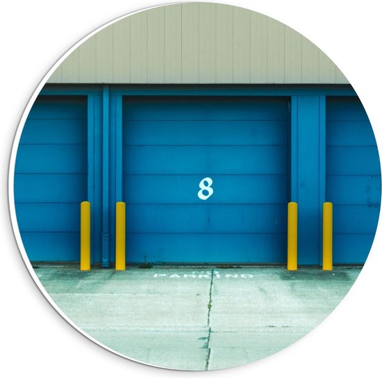 Forex Wandcirkel - Garage Deuren Blauw met Cijfers - 20x20cm Foto op Wandcirkel (met ophangsysteem)