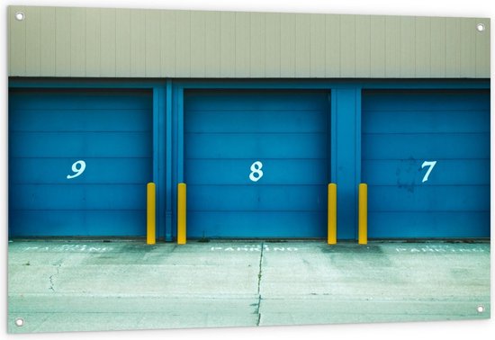 Tuinposter – Garage Deuren Blauw met Cijfers - 120x80cm Foto op Tuinposter  (wanddecoratie voor buiten en binnen)