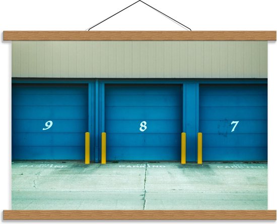 Schoolplaat – Garage Deuren Blauw met Cijfers - 60x40cm Foto op Textielposter (Wanddecoratie op Schoolplaat)