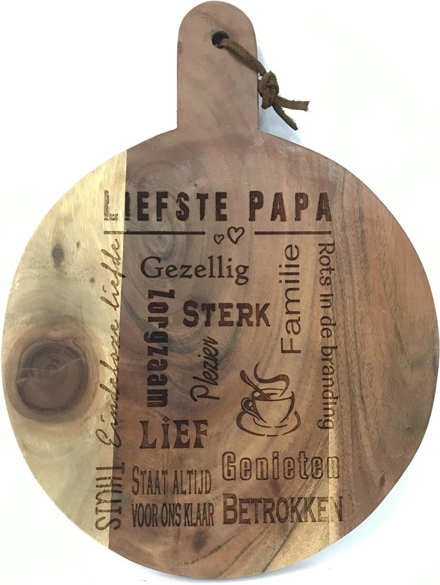 Ronde snijplank/borrelplank met tekst gravure LIEFSTE PAPA. Een origineel cadeau voor je vader, bijvoorbeeld voor vaderdag. Het formaat is 40x30cm incl. handvat en 30cm doorsnede excl. handvat