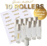Rollerflesjes dik glas 10ml leeg 10 stuks – Doorzichtig - Transparant - Essentiële olie roller - Rollerflesje - Parfumroller - Roll on fles - Rvs bal + 1 x Bonus vel met 24 gouden stickers (S