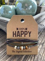 Leren armband  / Kaartje met de tekst;  100%  happy/ stoer / vaderdag / moederdag / verjaardag / cadeau / Valentijnsdag / vriendschap