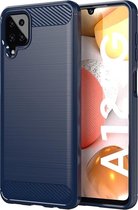 Samsung Galaxy A12 / M12 hoesje - Gel case geborsteld metaal en carbonlook - Navy blauw - GSM Hoesje - Telefoonhoesje Geschikt Voor: Samsung Galaxy A12 / Galaxy M12