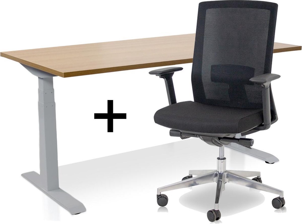 Zit-sta bureau elektrisch verstelbaar + ERGO Bureaustoel | MRC PRO NEN-EN 527 Thuiswerkset | frame bureau aluminium - bureaublad havanna | 120x80 cm