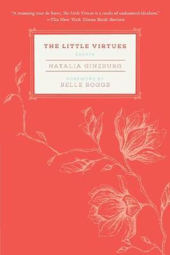Boekomslag van 'The Little Virtues' door Natalia Ginzburg, met tekst en gestileerde bloemen op een rode achtergrond.